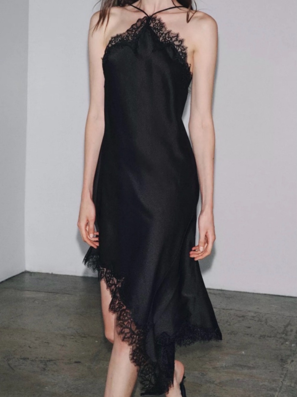 Zara Black Asymmetrical Lace-Trim Slip Dress